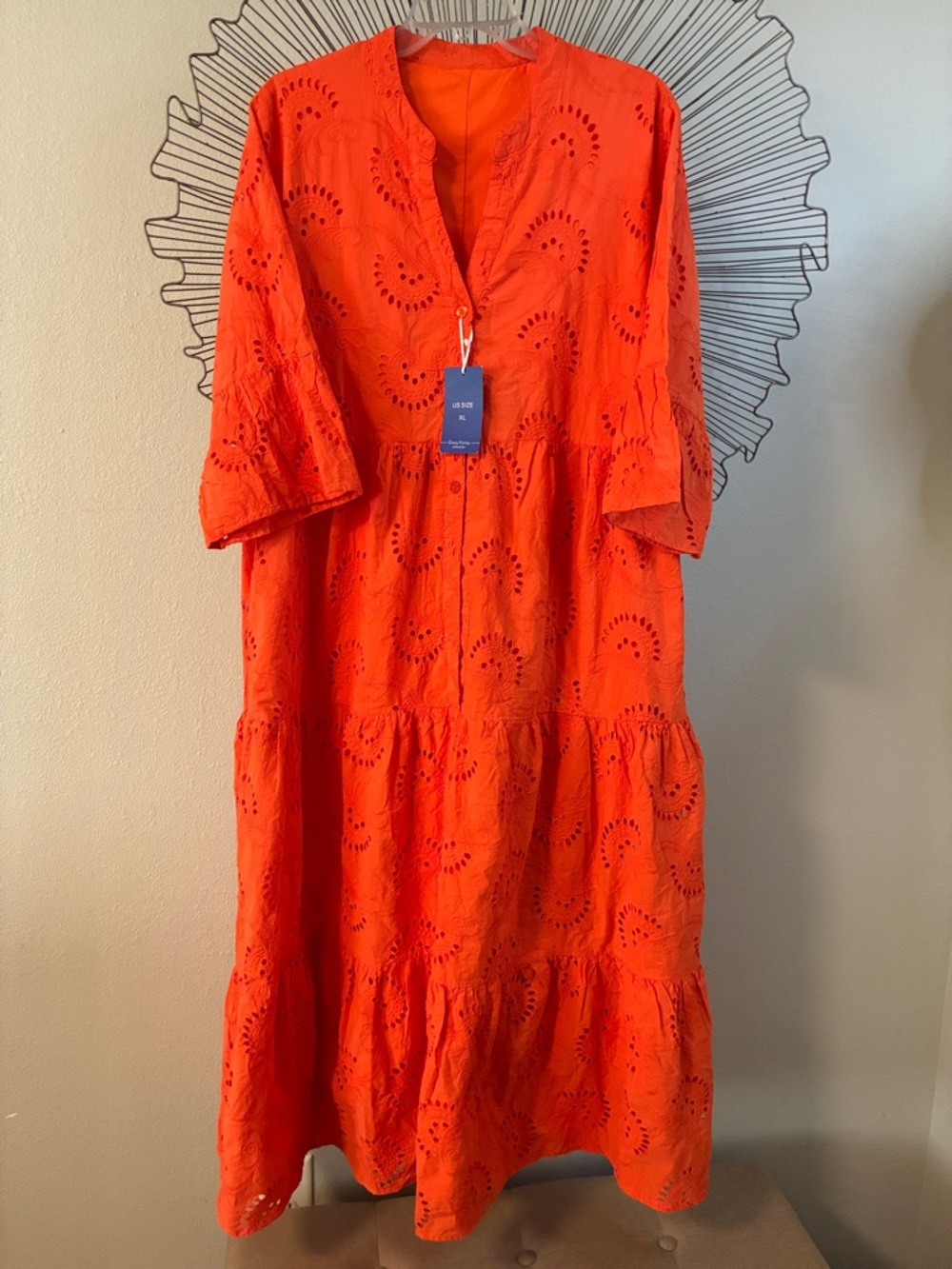 US 26 Orange Eyelet Maxi Dress - Vibrant Tiered Summer Style